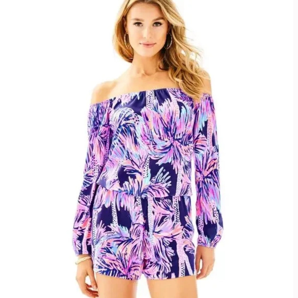 LILLY PULITZER, Lana Off the Shoulder Romper in Bright Navy Palms Up, Sz XS, NWT
